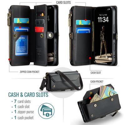 Caseme Case iPhone 16 - Crossbody Wallet Case - Black