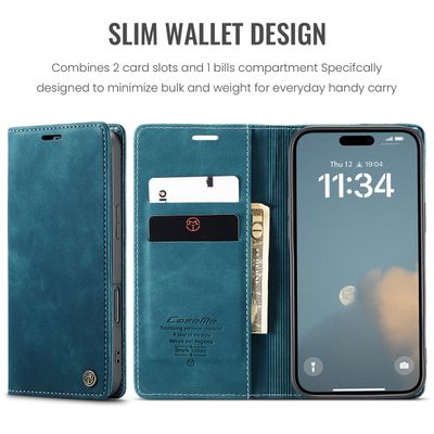 Caseme Hoesje geschikt voor iPhone 16 - Retro Wallet Case - Blauw