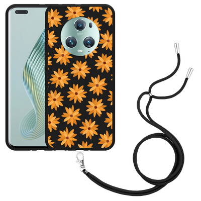 Cazy Hoesje met koord Zwart geschikt voor Honor Magic5 Pro Oranje Bloemen