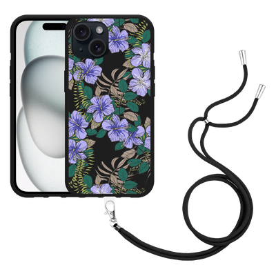 Cazy Hoesje met koord Zwart geschikt voor iPhone 15 Purple Flowers