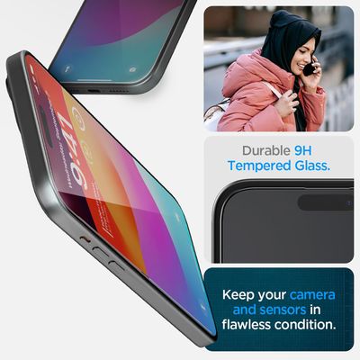 Spigen Screenprotector geschikt voor iPhone 15 Pro Max - Tempered Glas met Montage 2 stuks - Zwart