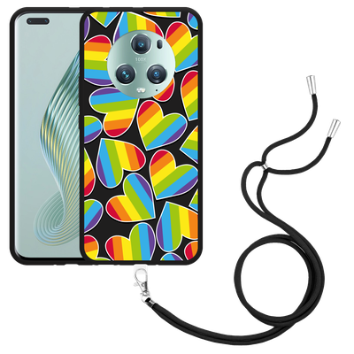 Cazy Hoesje met koord Zwart geschikt voor Honor Magic5 Pro Regenboog Hartjes