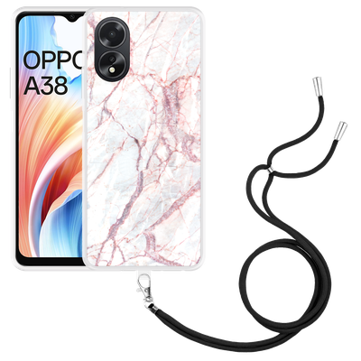 Cazy Hoesje met koord geschikt voor Oppo A38 White Pink Marble