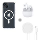 Soft TPU Hoesje met Magnetische Ring geschikt voor iPhone 13 - Transparant + 2 in 1 Magnetische Draadloze Charger Pad 15W - Wit + Draadloze Oordopjes met Active Noise Cancelling - Wit (met oplaadcase)