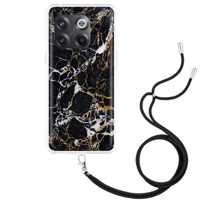Cazy Hoesje met Koord geschikt voor OnePlus 10T - Zwart Goud Marmer