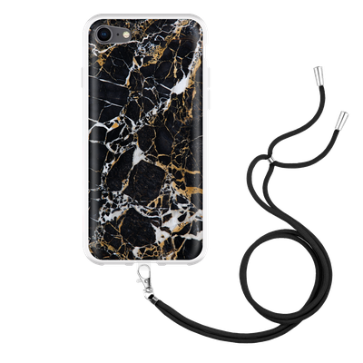 Cazy Hoesje met Koord geschikt voor iPhone SE 2020 - Zwart Goud Marmer
