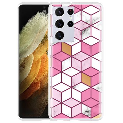 Cazy Hoesje geschikt voor Samsung Galaxy S21 Ultra - Pink White Marble