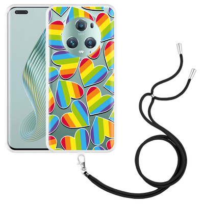 Cazy Hoesje met koord geschikt voor Honor Magic5 Pro Regenboog Hartjes