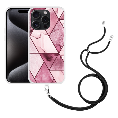 Cazy Hoesje met koord geschikt voor iPhone 15 Pro Roze Marmer Mix