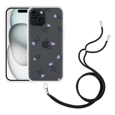 Cazy Hoesje met koord geschikt voor iPhone 15 Paarse Bloemen