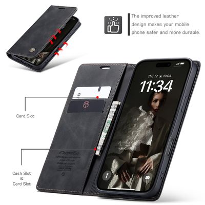 Caseme Hoesje geschikt voor iPhone 16 Pro - Retro Wallet Case - Zwart