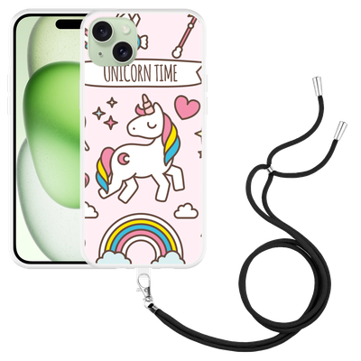 Cazy Hoesje met koord geschikt voor iPhone 15 Plus Unicorn Time