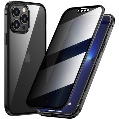 Cazy Magnetisch Privacy Hoesje geschikt voor iPhone 13 Pro - Metalen Frame met Gehard Glas en Ingebouwde Screenprotector - Zwart