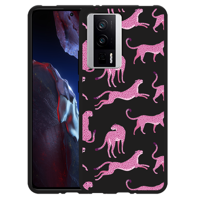 Cazy Hoesje Zwart geschikt voor Poco F5 Pro Roze Cheeta's