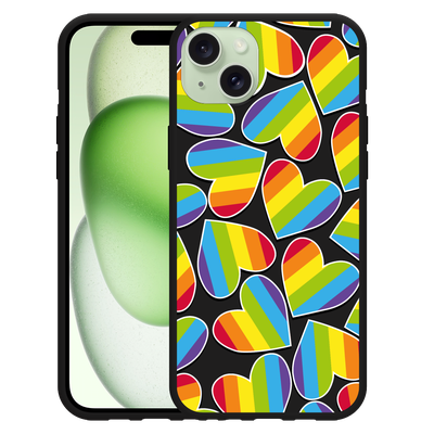 Cazy Hoesje Zwart geschikt voor iPhone 15 Plus Regenboog Hartjes