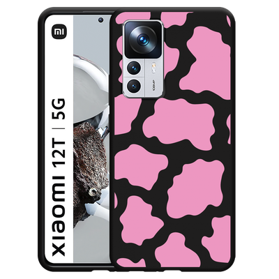 Cazy Hoesje Zwart geschikt voor Xiaomi 12T/12T Pro - Roze Koeienvlekken