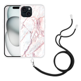 Hoesje met koord geschikt voor iPhone 15 White Pink Marble