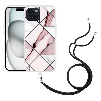 Cazy Hoesje met koord geschikt voor iPhone 15 Roze Marmer