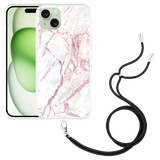 Hoesje met koord geschikt voor iPhone 15 Plus White Pink Marble