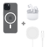 Soft TPU Hoesje met Magnetische Ring geschikt voor iPhone 15 - Transparant + 2 in 1 Magnetische Draadloze Charger Pad 15W - Wit + Wireless ANC Earbuds - White