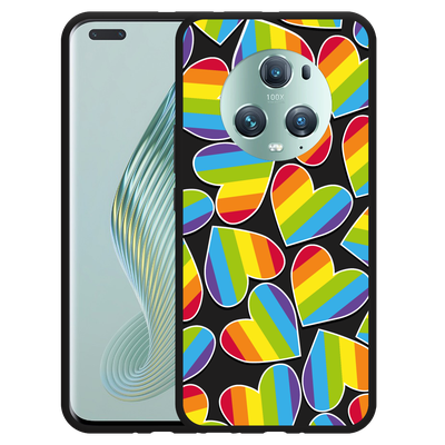 Cazy Hoesje Zwart geschikt voor Honor Magic5 Pro Regenboog Hartjes