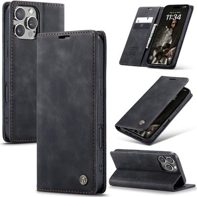 Caseme Hoesje geschikt voor iPhone 16 Pro - Retro Wallet Case - Zwart