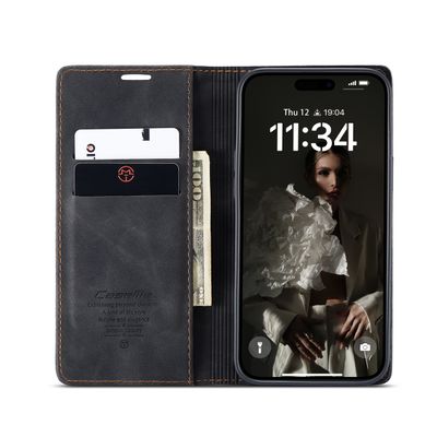 Caseme Hoesje geschikt voor iPhone 16 Pro - Retro Wallet Case - Zwart