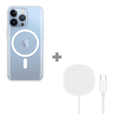 Cazy Soft TPU Hoesje met Magnetische Ring geschikt voor iPhone 13 Pro - Transparant + 2 in 1 Magnetische Draadloze Charger Pad 15W - Wit