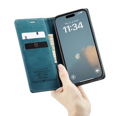 Caseme Hoesje geschikt voor iPhone 16 - Retro Wallet Case - Blauw