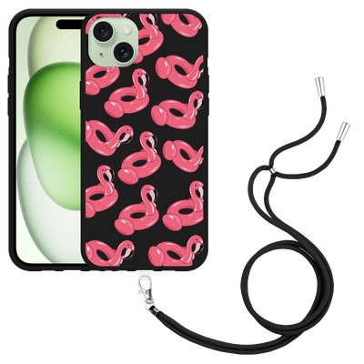 Cazy Hoesje met koord Zwart geschikt voor iPhone 15 Plus Inflatable Flamingos