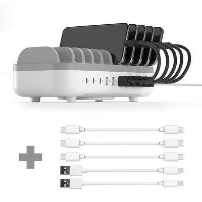 Cazy 120W Smart Charging Docking Station met 10 poorten - USB / USB-C + 3x USB-C naar USB-C Kabel - 20cm + 2x USB naar Lightning Kabel - MFI gecertificeerd - 20cm - Wit