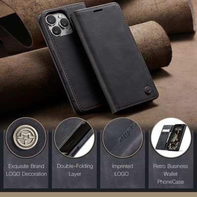 Caseme Hoesje geschikt voor iPhone 16 Pro Max - Retro Wallet Case - Zwart