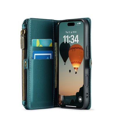 Caseme Hoesje geschikt voor iPhone 16 - Portemonnee Hoesje met Koord - Groen