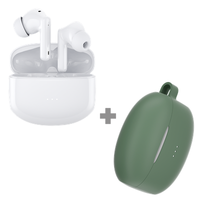 Cazy Draadloze Bluetooth Oordopjes - Oortjes Draadloos - met Noise Cancelling (Wit) + Siliconen Hoesje (Groen)