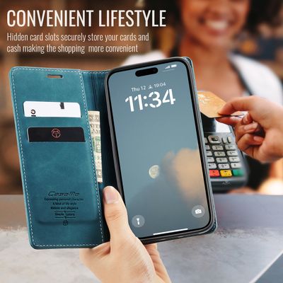 Caseme Hoesje geschikt voor iPhone 16 - Retro Wallet Case - Blauw