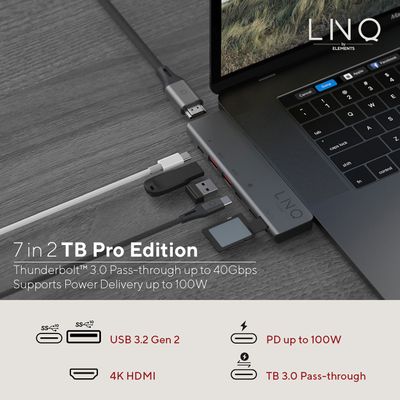 LINQ Connects 7-in-2 Pro USB-C Macbook Multiport TB Hub + 2M USB-C PD Kabel