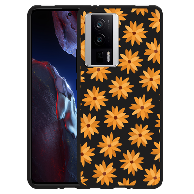 Cazy Hoesje Zwart geschikt voor Poco F5 Pro Oranje Bloemen