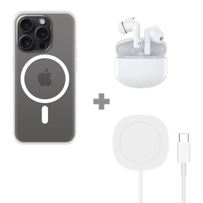 Cazy Soft TPU Hoesje met Magnetische Ring geschikt voor iPhone 15 Pro - Transparant + 2 in 1 Magnetische Draadloze Charger Pad 15W - Wit + Draadloze Oordopjes met Active Noise Cancelling - Wit (met oplaadcase)