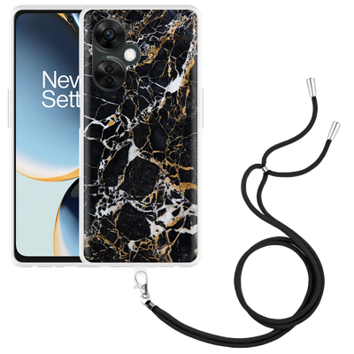 Cazy Hoesje met koord geschikt voor OnePlus Nord CE 3 Lite 5G Zwart Goud Marmer