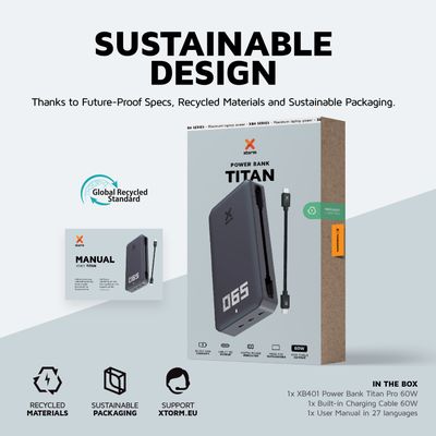Xtorm Titan Fan Edition 60W Powerbank 24000mAh - 3 x USB-C PD - LED scherm - Zwart