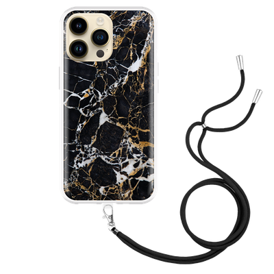 Cazy Hoesje met Koord geschikt voor iPhone 14 Pro Max - Zwart Goud Marmer