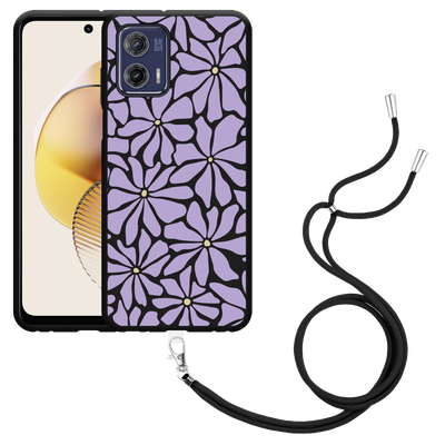 Cazy Hoesje met koord Zwart geschikt voor Motorola Moto G73 Abstracte Paarse Bloemen