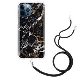 Hoesje met Koord geschikt voor iPhone 12 Pro Max - Zwart Goud Marmer