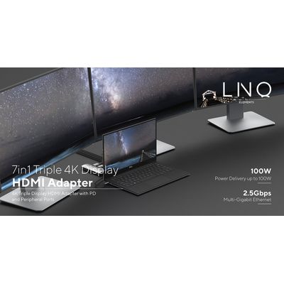 LINQ Connects 7-in-1 USB-C HDMI Adapter - Triple Display MST - grijs