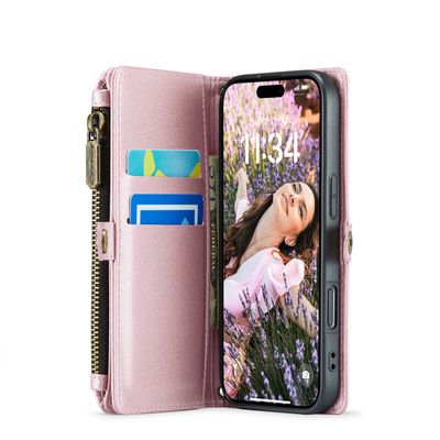 Caseme Hoesje geschikt voor iPhone 16 - Portemonnee Hoesje met Koord - Roze