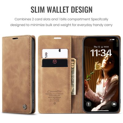 Caseme Hoesje geschikt voor iPhone 16 - Retro Wallet Case - Bruin