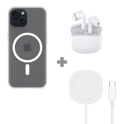 Cazy Soft TPU Hoesje met Magnetische Ring geschikt voor iPhone 15 - Transparant + 2 in 1 Magnetische Draadloze Charger Pad 15W - Wit + Wireless ANC Earbuds - White