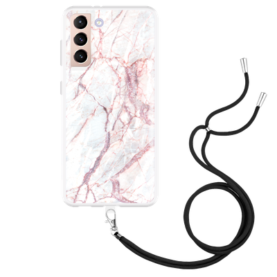 Cazy Hoesje met Koord geschikt voor Samsung Galaxy S21 - White Pink Marble