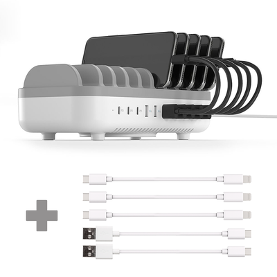 Cazy 120W Smart Charging Docking Station met 10 poorten - USB / USB-C + 3x USB-C naar Lightning Kabel - MFI gecertificeerd - 20cm + 2x USB-A naar USB-C Kabel - 20cm - Wit
