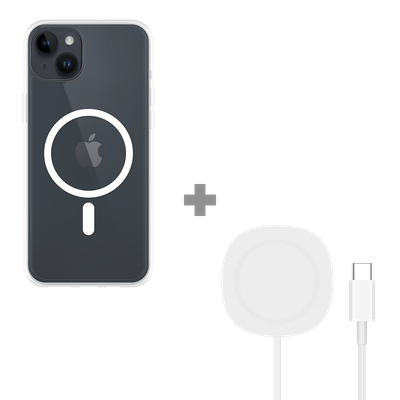 Cazy Soft TPU Hoesje met Magnetische Ring geschikt voor iPhone 14 Plus - Transparant + 2 in 1 Magnetische Draadloze Charger Pad 15W - Wit